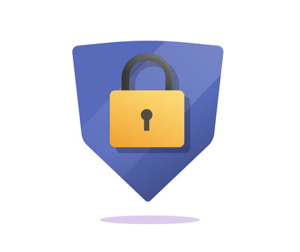 Secure shield with lock as data protection icon vector flat cartoon sign, protected internet access or safe privacy sign modern design blue golden color