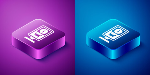 Isometric Information stand icon isolated on blue and purple background. Square button. Vector.