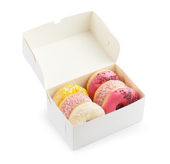 Sweet donuts in box on white background