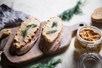 Toasts with pate and fresh dill. Healthy appetizer.