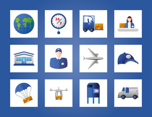 postal service quality transport shipping logistic icons on blue background