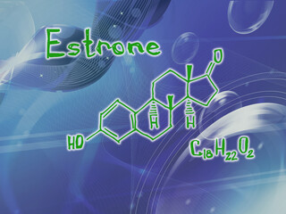 Chemical molecular formula of the hormone Estrone j . Infographics. Abstract bright glitter blue background.