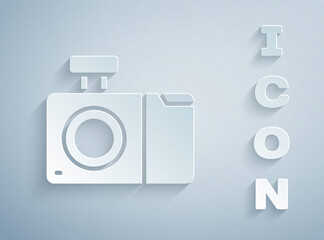 Paper cut Photo camera icon isolated on grey background. Foto camera icon. Paper art style. Vector.