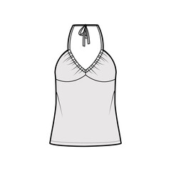 Top V-neck halter tank technical fashion illustration with empire seam, thin tieback, oversized, bow, tunic length. Flat outwear template front, grey color. Women men unisex CAD mockup
