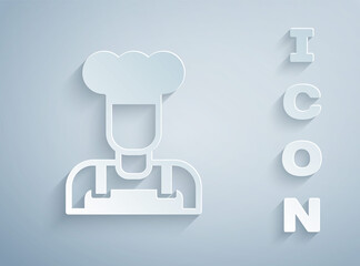 Paper cut Cook icon isolated on grey background. Chef symbol. Paper art style. Vector.