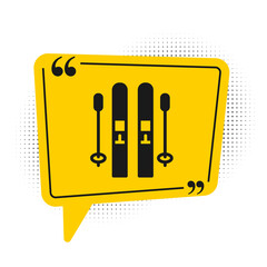 Black Ski and sticks icon isolated on white background. Extreme sport. Skiing equipment. Winter sports icon. Yellow speech bubble symbol. Vector.