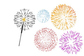 Set of different fireworks on white background.