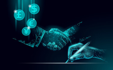 3D businessman handshake finance deal. Business agreement contract concept. Success web network low poly banner. Polygonal international internet connection vector illustration