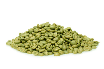 Green coffee beans pile isolated on white background