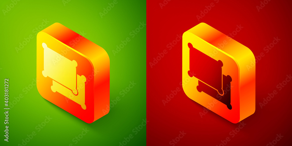 Poster isometric rectangular pillow icon isolated on green and red background. cushion sign. square button.
