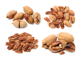 Peeled pecan nuts closeup, isolated on white background