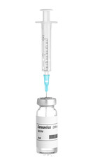 Vaccine for immunization against COVID-19 and syringe on white background