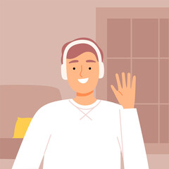 Fototapeta na wymiar Man in Headphones Communicating from Home Using Computer, Video Call, Man Chatting with Friends or Working Online, Quarantine, Isolation Concept Vector Illustration