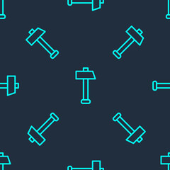 Green line Hammer icon isolated seamless pattern on blue background. Tool for repair. Vector Illustration.