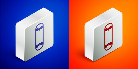 Isometric line Skateboard trick icon isolated on blue and orange background. Extreme sport. Sport equipment. Silver square button. Vector Illustration.