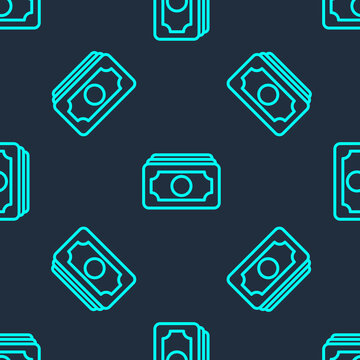 Green line Stacks paper money cash icon isolated seamless pattern on blue background. Money banknotes stacks. Bill currency. Vector Illustration.