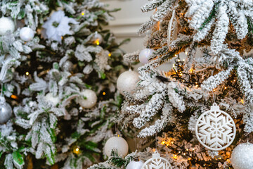 Christmas background with decorated Christmas tree, gifts and lights