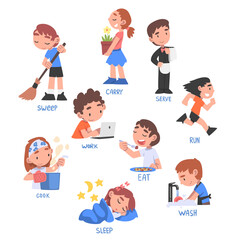Action Verbs Set, Children Education Concept, Cute Kids Doing Activities Cartoon Style Vector Illustration