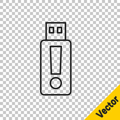 Black line USB flash drive icon isolated on transparent background. Vector.