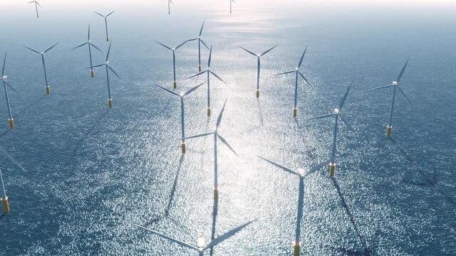 風を受けて回る海上風力発電の風車 / 再生可能エネルギー・脱炭素社会のコンセプトイメージ / 3Dモーショングラフィックス
