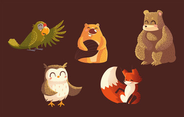 parrot bear beaver owl and fox wildlife cartoon animals brown background