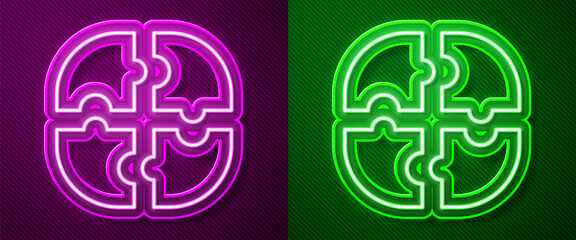 Glowing neon line Piece of puzzle icon isolated on purple and green background. Business, marketing, finance, template, layout, infographics, internet concept. Vector.