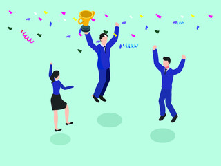 Success business team lifting a trophy isometric 3d vector concept for banner, website, illustration, landing page, flyer, etc.