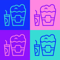Pop art line Popcorn in cardboard box and paper glass with drinking straw and water icon isolated on color background. Soda drink glass. Vector.
