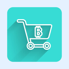 White line Shopping cart with bitcoin icon isolated with long shadow. Online payment. Cash withdrawal. Modern method of payment. Green square button. Vector.