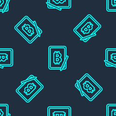 Green line Mining bitcoin from graphic tablet icon isolated seamless pattern on blue background. Cryptocurrency mining, blockchain technology service. Vector.
