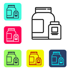 Black line Sports nutrition bodybuilding proteine power drink and food icon isolated on white background. Set icons in color square buttons. Vector.