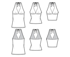 Set of Tops empire seam and tieback halter tank technical fashion illustration with close-fitting, oversized shape, crop, tunic length. Flat template front, back, white color. Women unisex CAD mockup