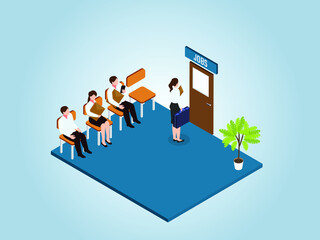 businesspeople wait for job interview isometric 3d vector concept for banner, website, illustration, landing page, flyer, etc.