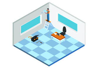 Technician fixing lights at home isometric 3d vector concept for banner, website, illustration, landing page, flyer, etc.
