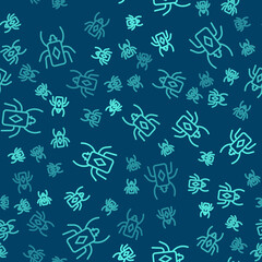 Green line Beetle bug icon isolated seamless pattern on blue background. Vector.