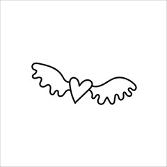 Heart with wings. Hand drawn doodle symbol of Sain Valentine s Day. Black stroke. Vector illustration isolated on white background