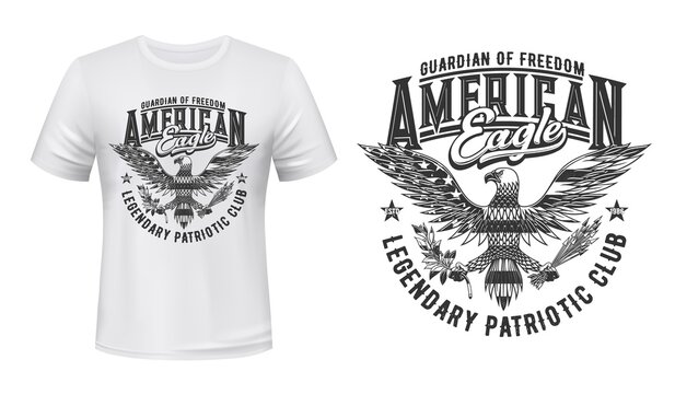 American eagle flag, t-shirt print mockup, US club emblem for patriots, vector. American eagle, USA coat of arms crest with flag stars, Guardian of Freedom slogan for American patriots t-shirt print