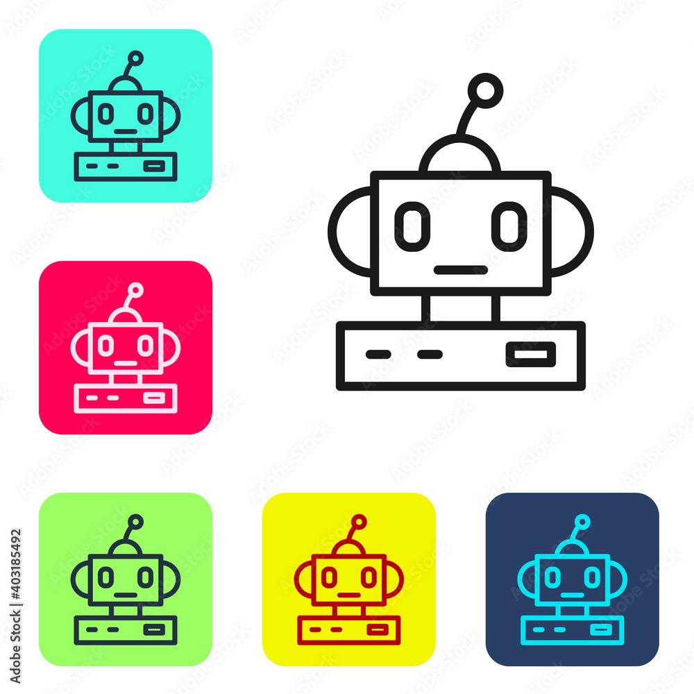 Poster black line robot toy icon isolated on white background. set icons in color square buttons. vector.