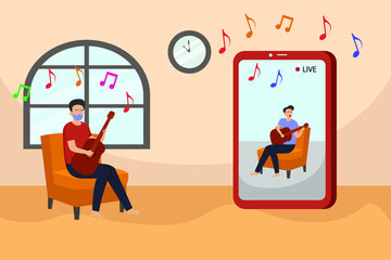 Online class vector concept: Young man watching tutorial of playing guitar on his mobile phone while wearing face mask