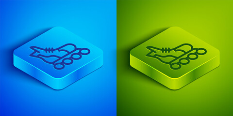 Isometric line Roller skate icon isolated on blue and green background. Square button. Vector.