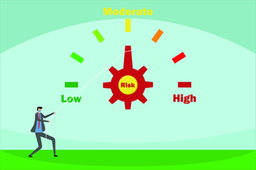 Businessman in face mask adjusting or minimizing business risk button