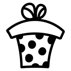 Hand drawn doodle gift box. Square Christmas present with large dots pattern. Vector illustration isolated on white background.