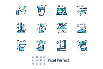 Linear icons on pixel pefrect 48x cleaning, isolated on white background, flat vector icons