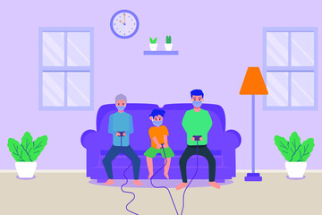 Three generations family in new normal vector concept: Three generations family playing video game together on the sofa while wearing face mask
