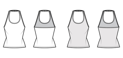 Tank halter scoop neck top technical fashion illustration with slim fit, tunic length. Flat apparel shirt outwear template front, back, white, grey color. Women men unisex CAD mockup