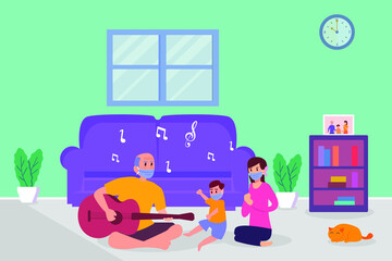 Three generations family in new normal vector concept: Three generations family sing a song together while wearing face mask at home