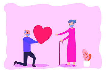 Happy senior man in face mask giving a heart symbol to senior woman. Valentine day vector concept