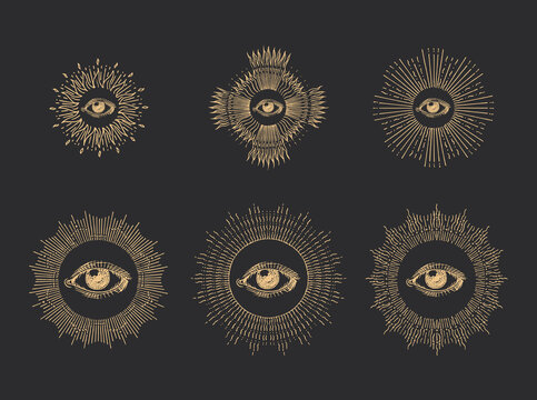 All seeing eye with sunburst,hand drawn images set