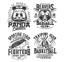 Baseball, basketball team t shirt print sport club vector emblems. Street fighting martial arts and athletic varsity sport league mascots, panda, American beaver and porcupine t-shirt prints - obrazy, fototapety, plakaty