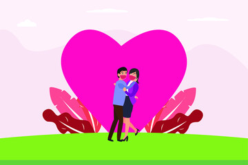 Valentine day vector concept: Young couple hugging each other with heart shape while wearing face mask